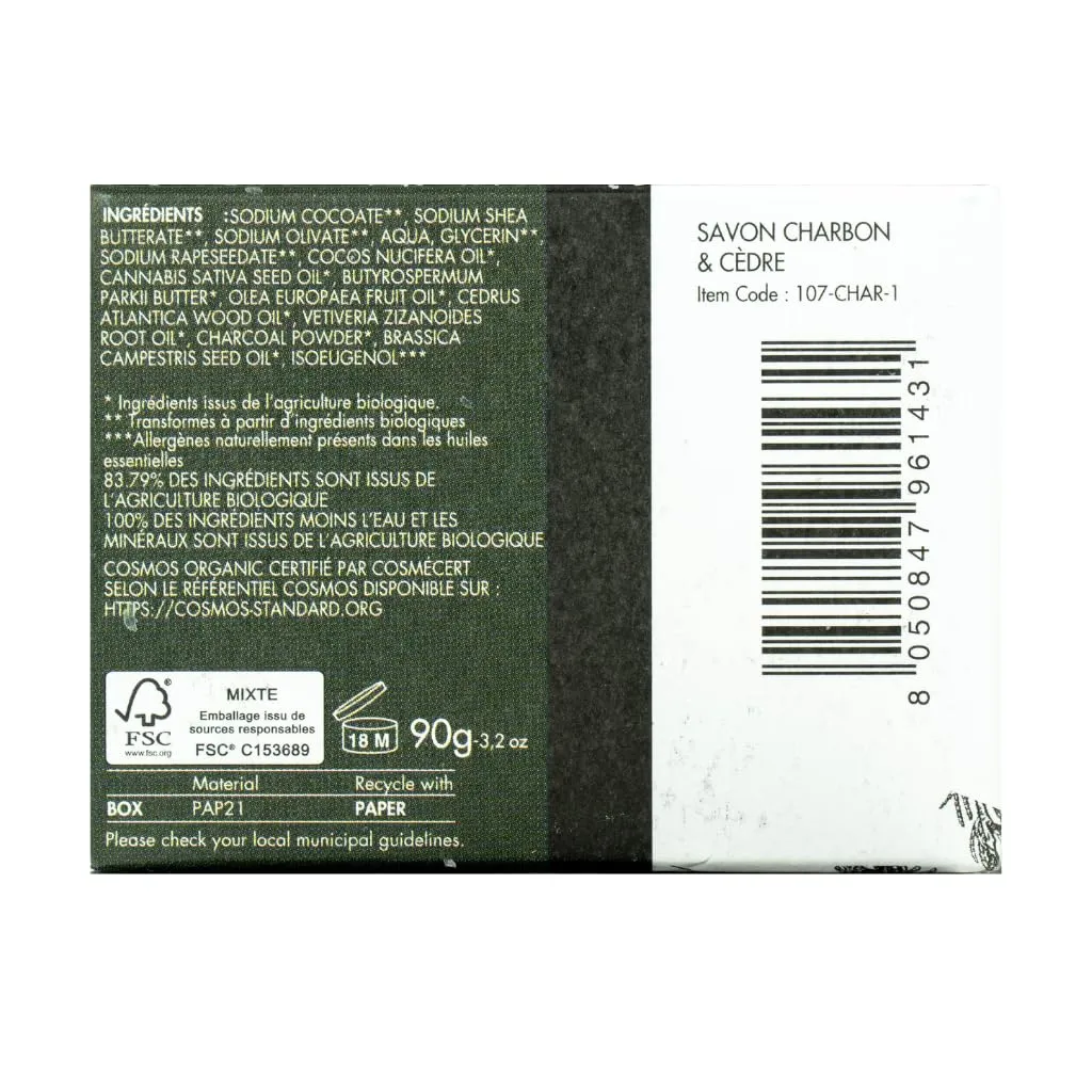 Organic Charcoal and Cedar Detox Soap - French Artisan Soap Handcrafted in South France, Cold Process, 3.2 oz