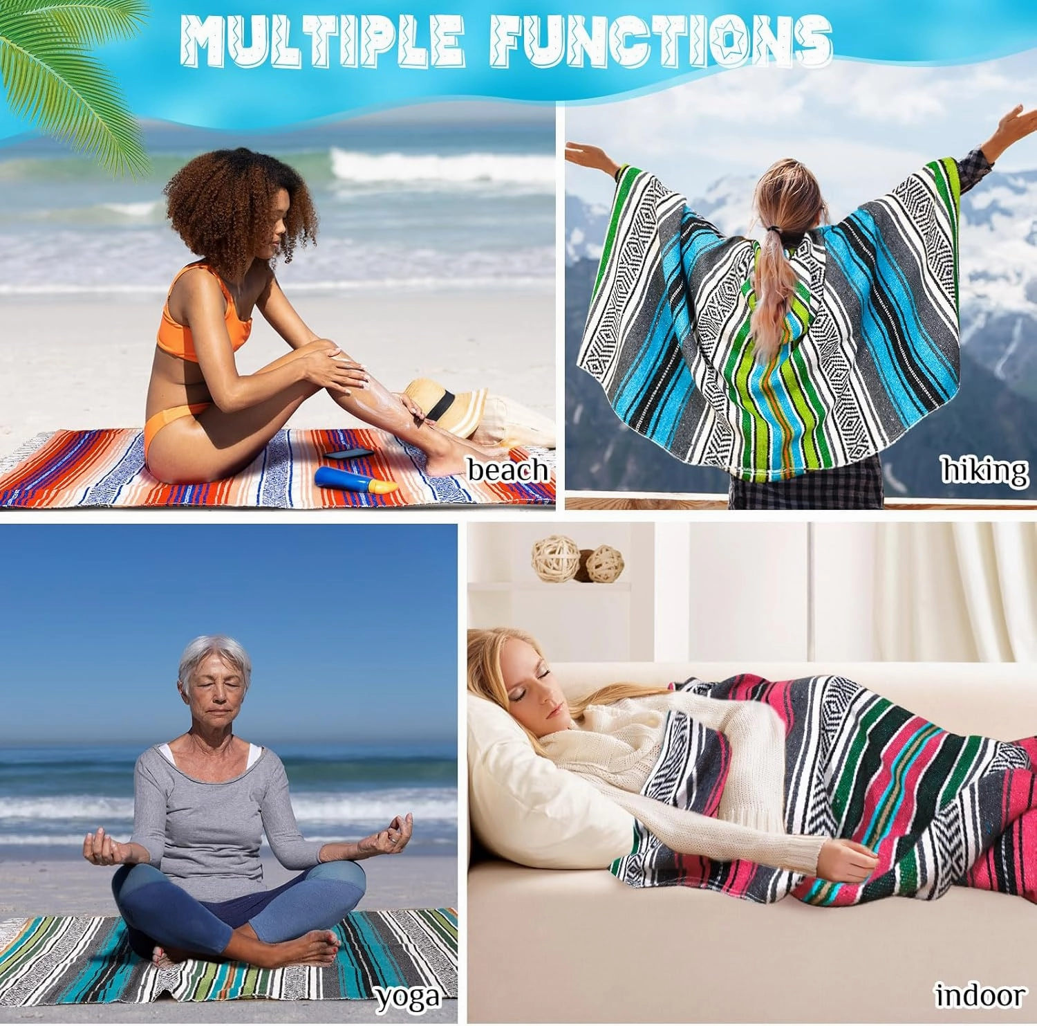 Oudain 3 Pack Mexican Blankets and Throws 45 x 70 Inch, Cotton Outdoor Camping Blanket Woven Serape Yoga Fiesta Picnic Beach Supplies (Classic Color)