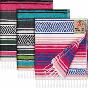 Oudain 3 Pack Mexican Blankets and Throws 45 x 70 Inch, Cotton Outdoor Camping Blanket Woven Serape Yoga Fiesta Picnic Beach Supplies (Classic Color)