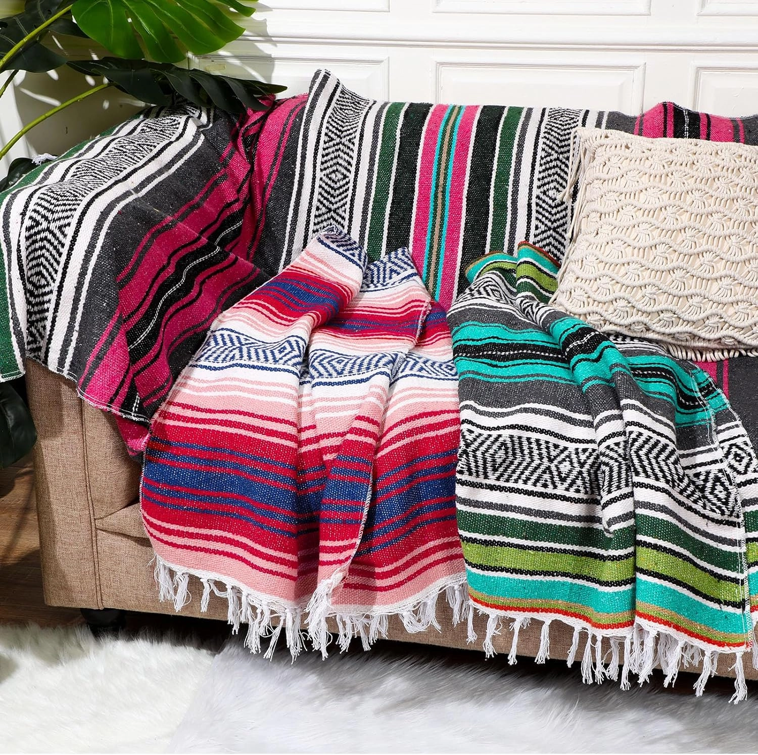 Oudain 3 Pack Mexican Blankets and Throws 45 x 70 Inch, Cotton Outdoor Camping Blanket Woven Serape Yoga Fiesta Picnic Beach Supplies (Classic Color)