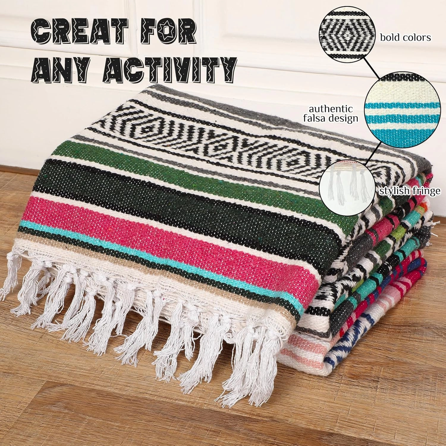 Oudain 3 Pack Mexican Blankets and Throws 45 x 70 Inch, Cotton Outdoor Camping Blanket Woven Serape Yoga Fiesta Picnic Beach Supplies (Classic Color)