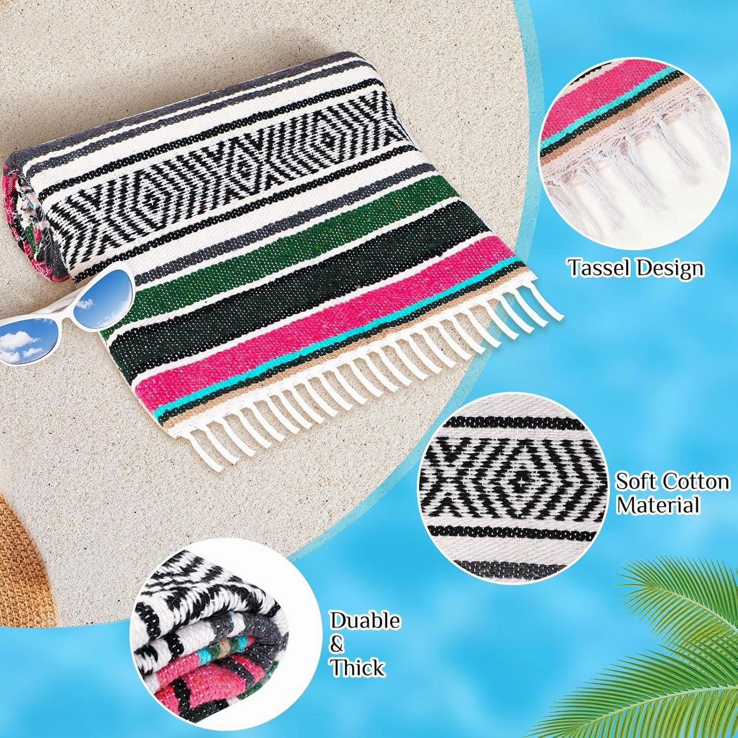 Oudain 3 Pack Mexican Blankets and Throws 45 x 70 Inch, Cotton Outdoor Camping Blanket Woven Serape Yoga Fiesta Picnic Beach Supplies (Classic Color)