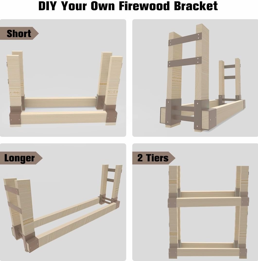 Outdoor Firewood Rack Bracket Kit with 4 Support Bars for Fire Wood Pile Storage, Heavy Duty DIY Fireplace Log Stacking Stand Holder for 2x4 lumber, Brown, 1 Pair