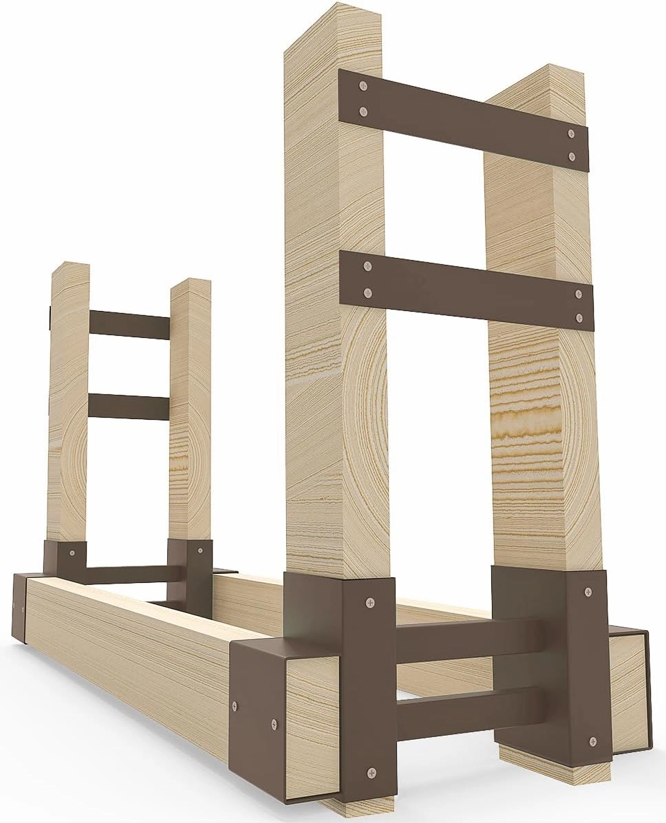 Outdoor Firewood Rack Bracket Kit with 4 Support Bars for Fire Wood Pile Storage, Heavy Duty DIY Fireplace Log Stacking Stand Holder for 2x4 lumber, Brown, 1 Pair