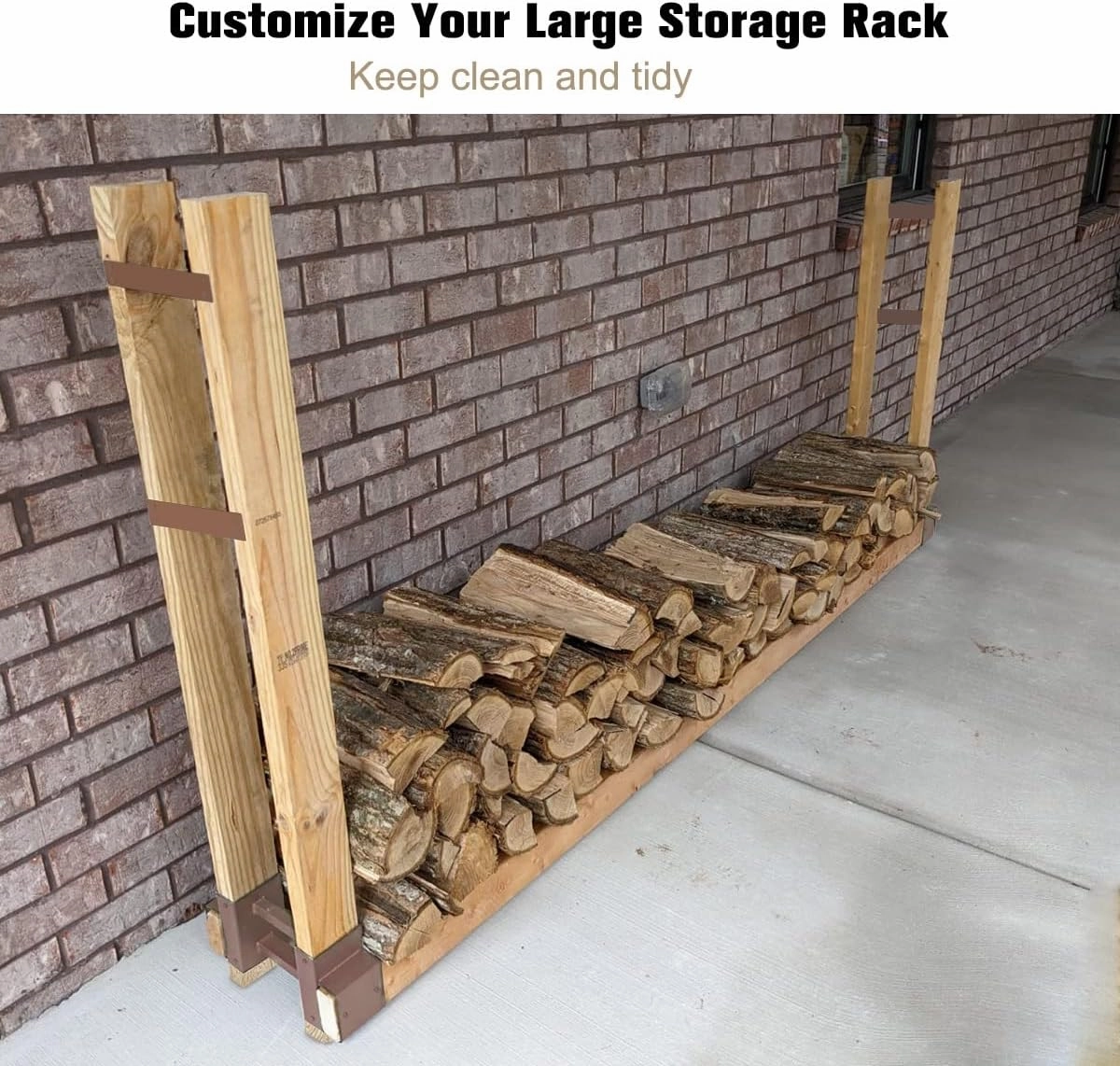 Outdoor Firewood Rack Bracket Kit with 4 Support Bars for Fire Wood Pile Storage, Heavy Duty DIY Fireplace Log Stacking Stand Holder for 2x4 lumber, Brown, 1 Pair