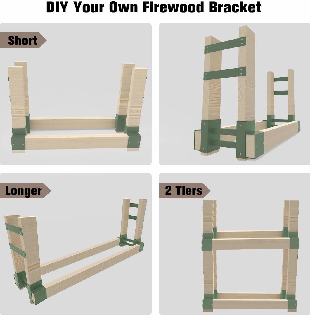 Outdoor Firewood Rack Bracket Kit with 4 Support Bars for Fire Wood Pile Storage, Heavy Duty DIY Fireplace Log Stacking Stand Holder for 2x4 lumber, Green, 1 Pair