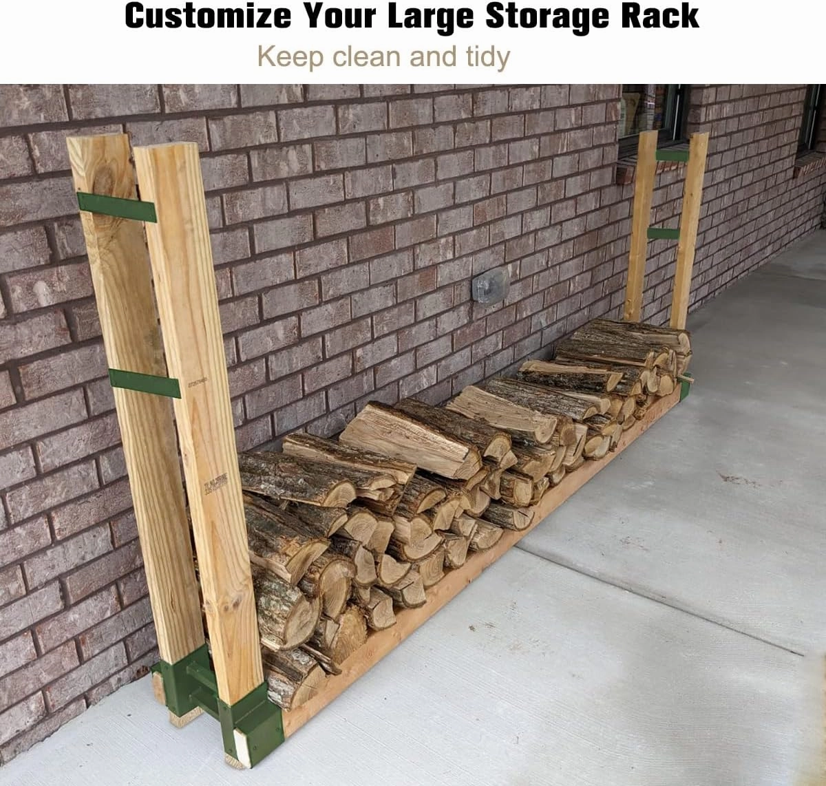 Outdoor Firewood Rack Bracket Kit with 4 Support Bars for Fire Wood Pile Storage, Heavy Duty DIY Fireplace Log Stacking Stand Holder for 2x4 lumber, Green, 1 Pair