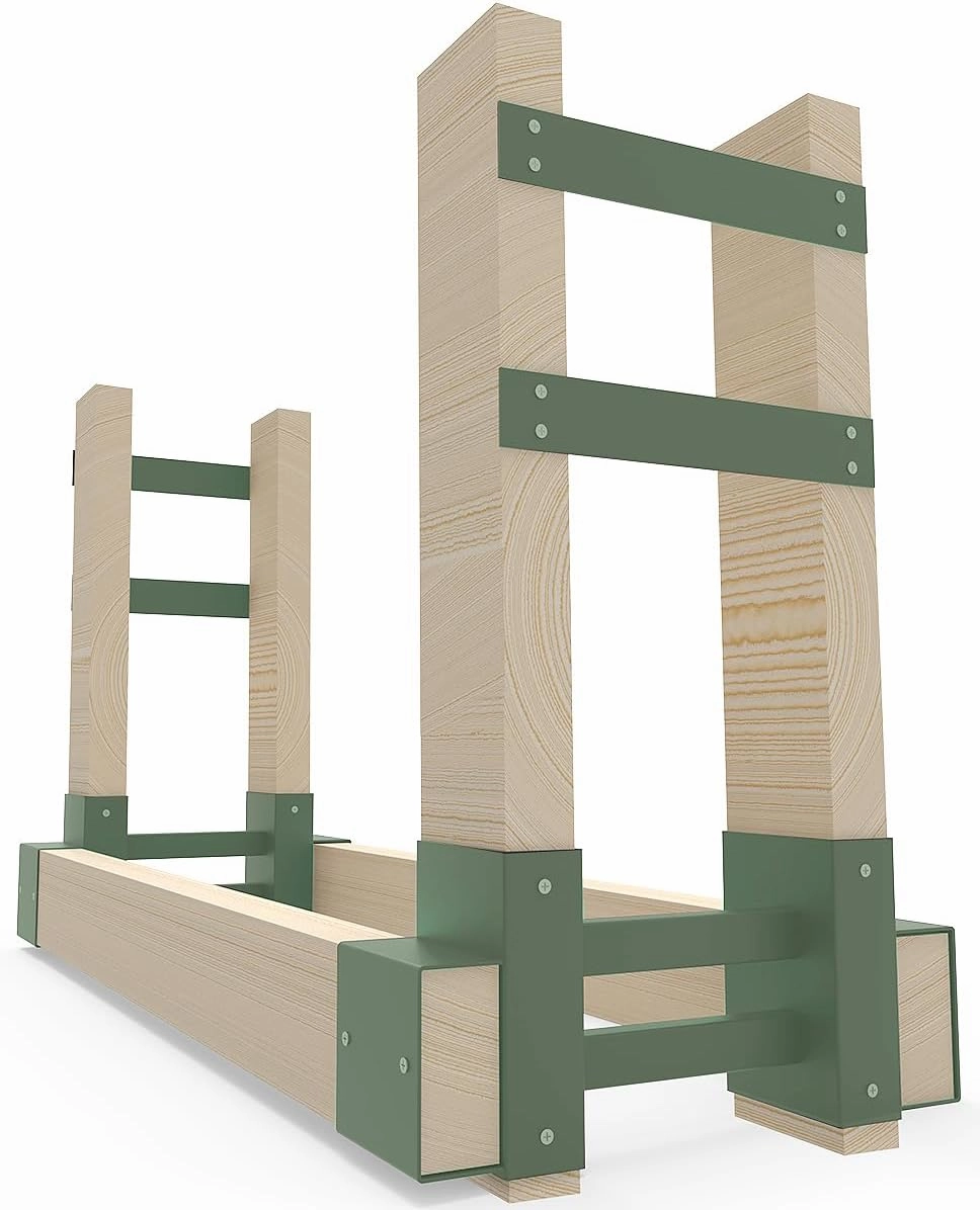 Outdoor Firewood Rack Bracket Kit with 4 Support Bars for Fire Wood Pile Storage, Heavy Duty DIY Fireplace Log Stacking Stand Holder for 2x4 lumber, Green, 1 Pair