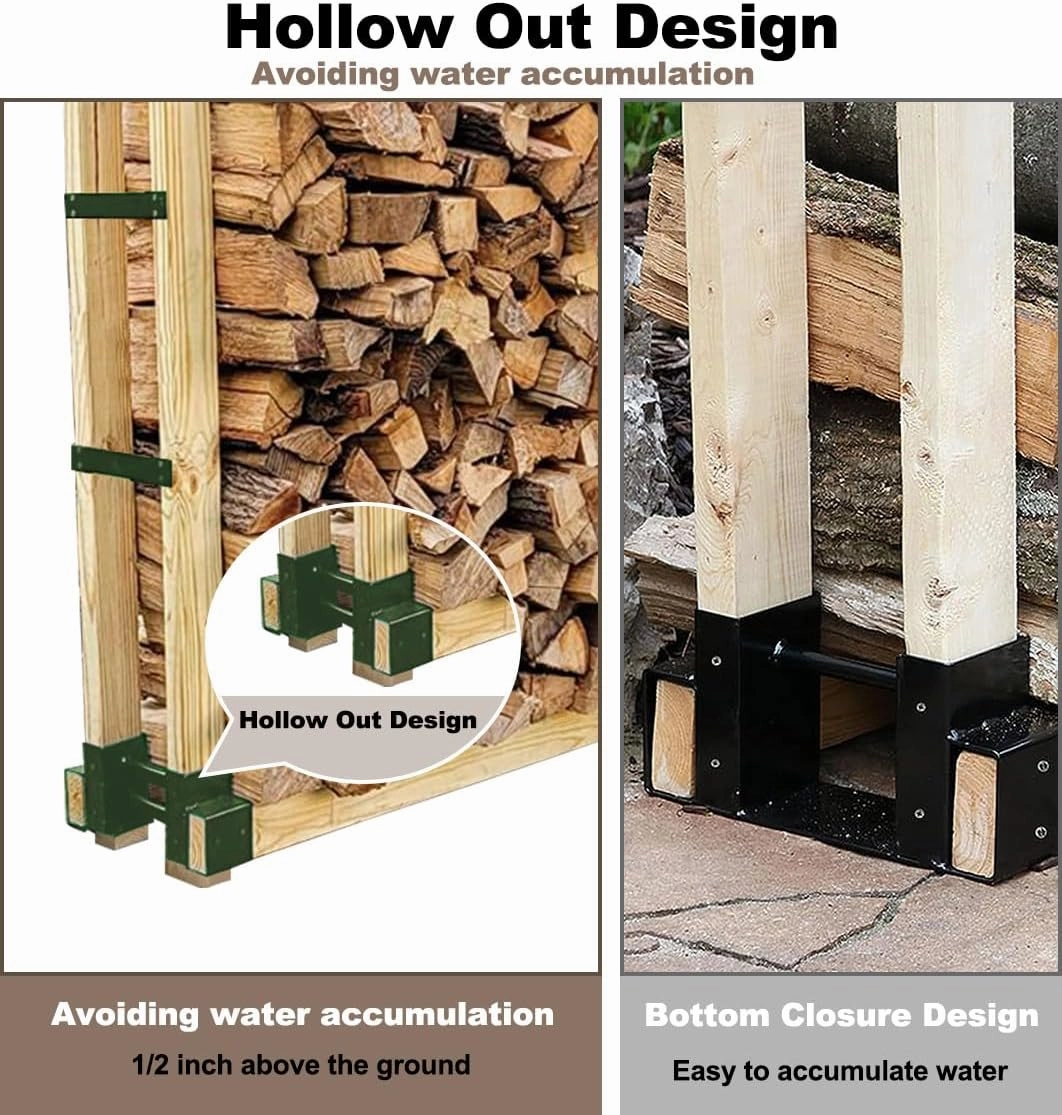 Outdoor Firewood Rack Bracket Kit with 4 Support Bars for Fire Wood Pile Storage, Heavy Duty DIY Fireplace Log Stacking Stand Holder for 2x4 lumber, Green, 1 Pair
