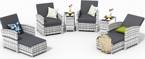 Outdoor Patio Chairs with Ottomans, 10 Piece Patio Furniture Set, Wicker Conversation Set, Outdoor Sofa with Ottoman and Table for Porch, Apartment, and Balcony, Grey