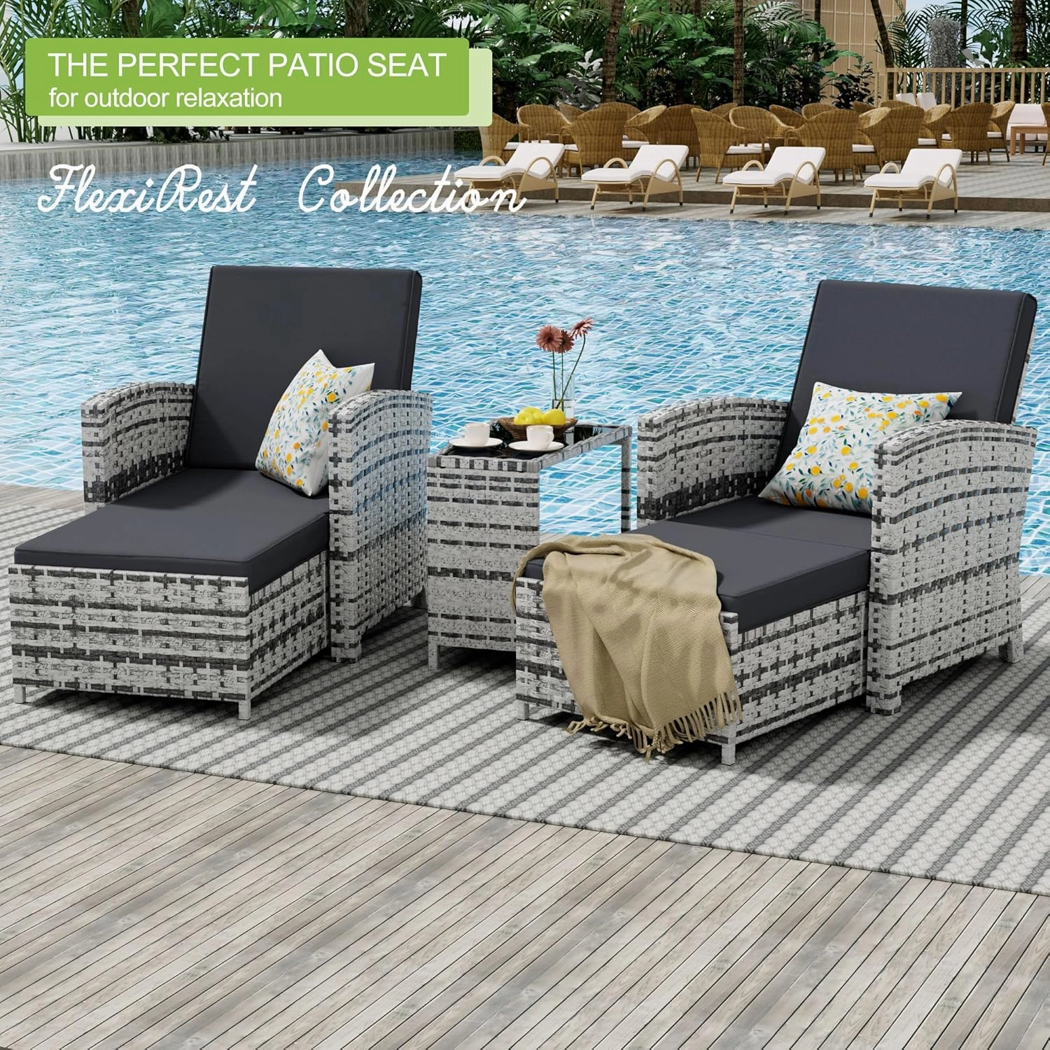 Outdoor Patio Chairs with Ottomans, 10 Piece Patio Furniture Set, Wicker Conversation Set, Outdoor Sofa with Ottoman and Table for Porch, Apartment, and Balcony, Grey