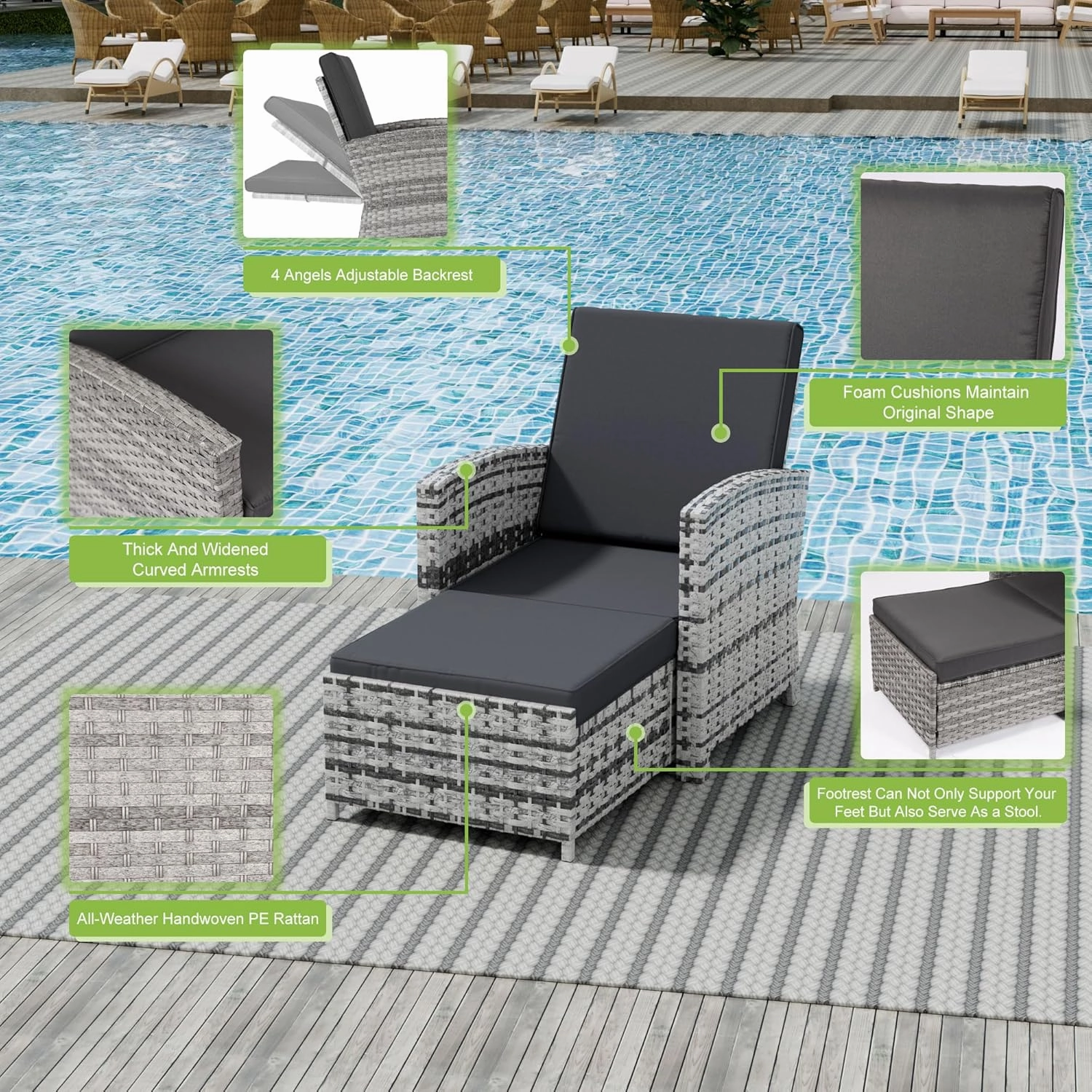 Outdoor Patio Chairs with Ottomans, 10 Piece Patio Furniture Set, Wicker Conversation Set, Outdoor Sofa with Ottoman and Table for Porch, Apartment, and Balcony, Grey