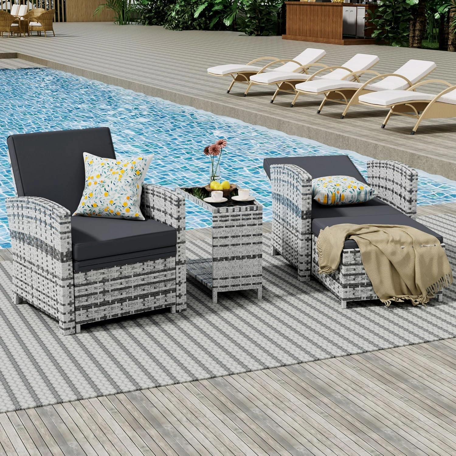 Outdoor Patio Chairs with Ottomans, 10 Piece Patio Furniture Set, Wicker Conversation Set, Outdoor Sofa with Ottoman and Table for Porch, Apartment, and Balcony, Grey
