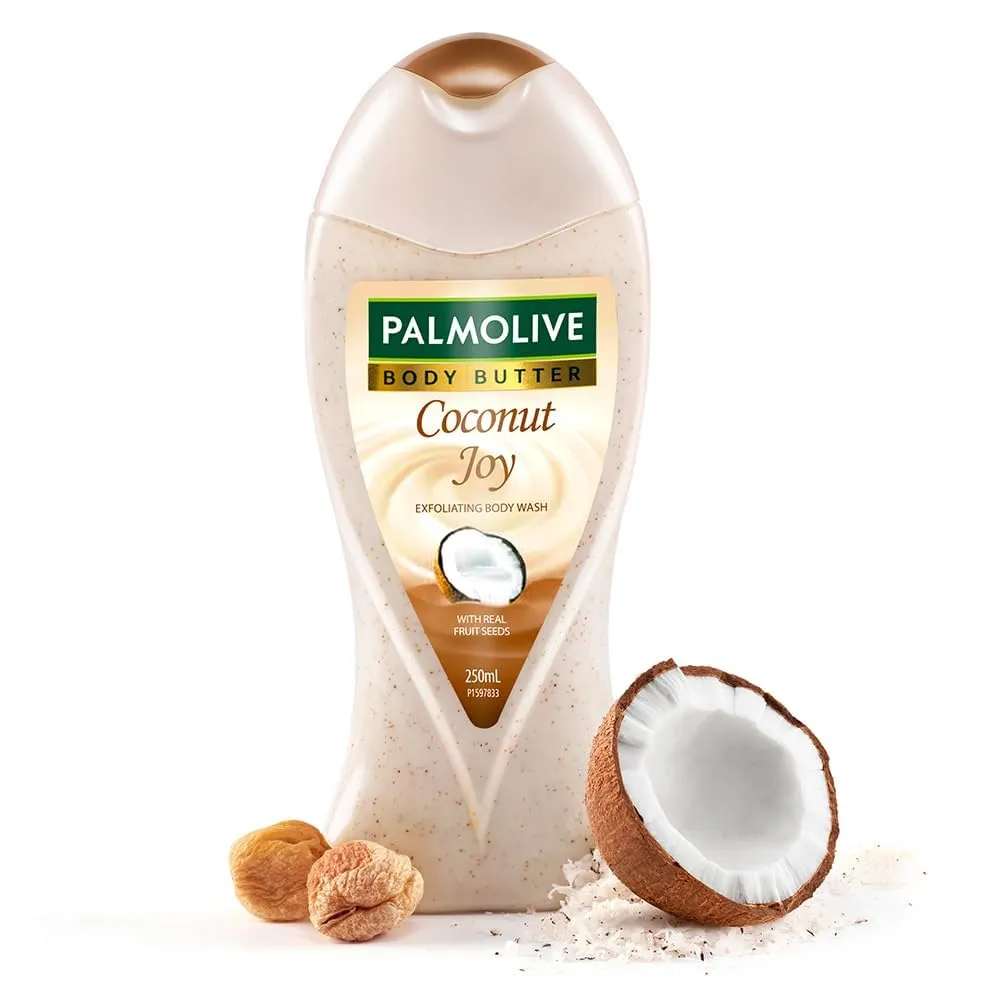 Pa.-lmolive Coconut Joy Body Wash (250ml) – A creamy exfoliating scrub with apricot seeds, crushed coconut & jojoba butter for baby-soft skin. pH-balanced, paraben & silicone-free!