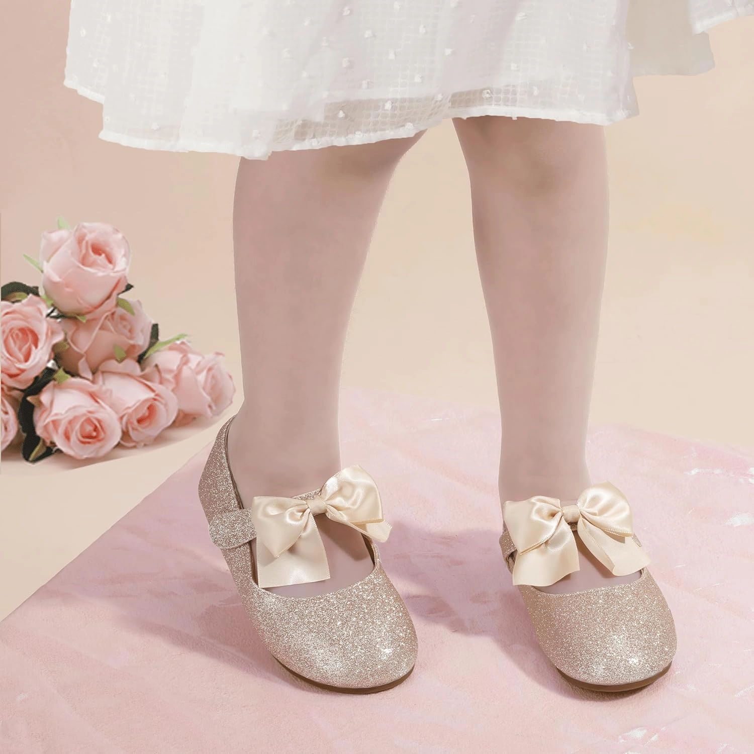 PANDANINJIA Toddler Dress Shoes Bowknot Mary Jane Shoes Girls Ballet Flats for Kids Wedding Party Uniform Church Shoes