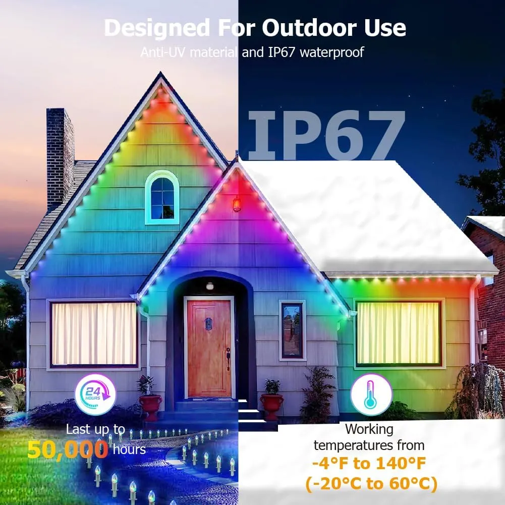 Permanent Outdoor Lights for House, 100ft Smart RGB Plus IC String Light for Outside with 66 Scene Modes, Work with Alexa, IP67 Waterproof LED Strip Lights for Christmas All Holiday Decor