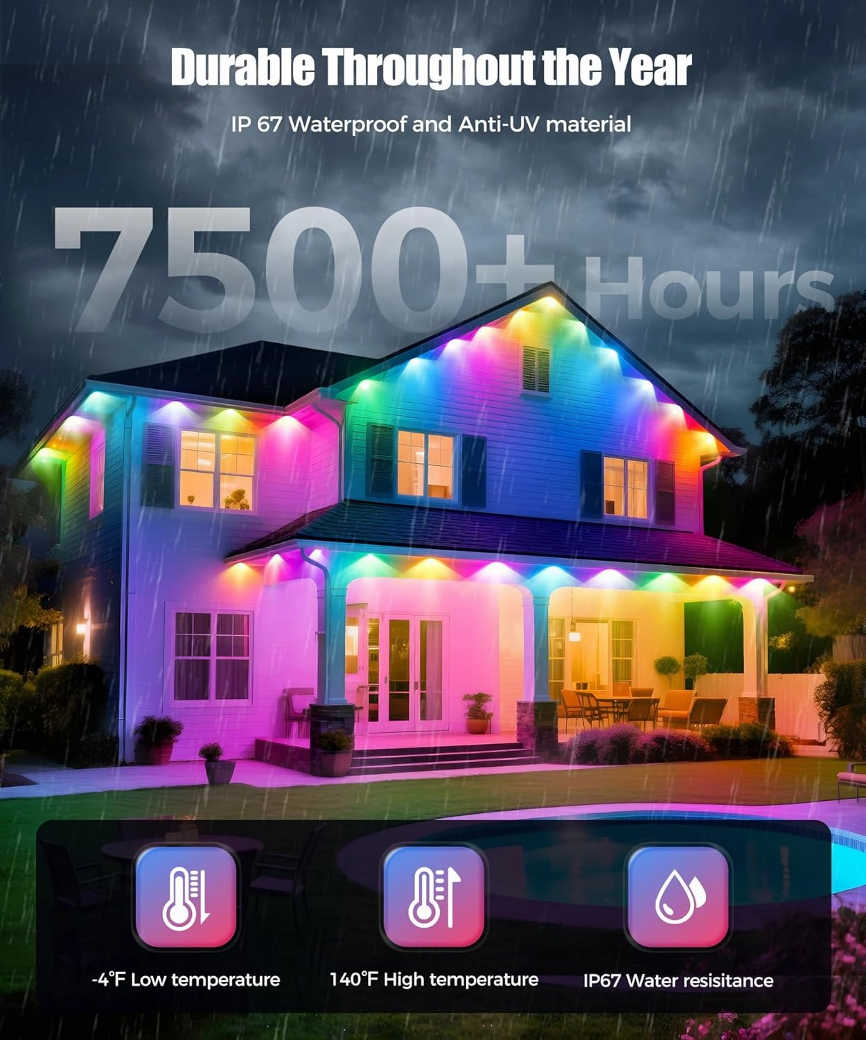 Permanent Outdoor Lights for House, 200ft RGB IC Smart Outdoor Decor, 50 Scene Modes, App/Remote Control, IP68 Waterproof, for Christmas, Holiday, Daily & Pool Party Decor, House Roof Lighting