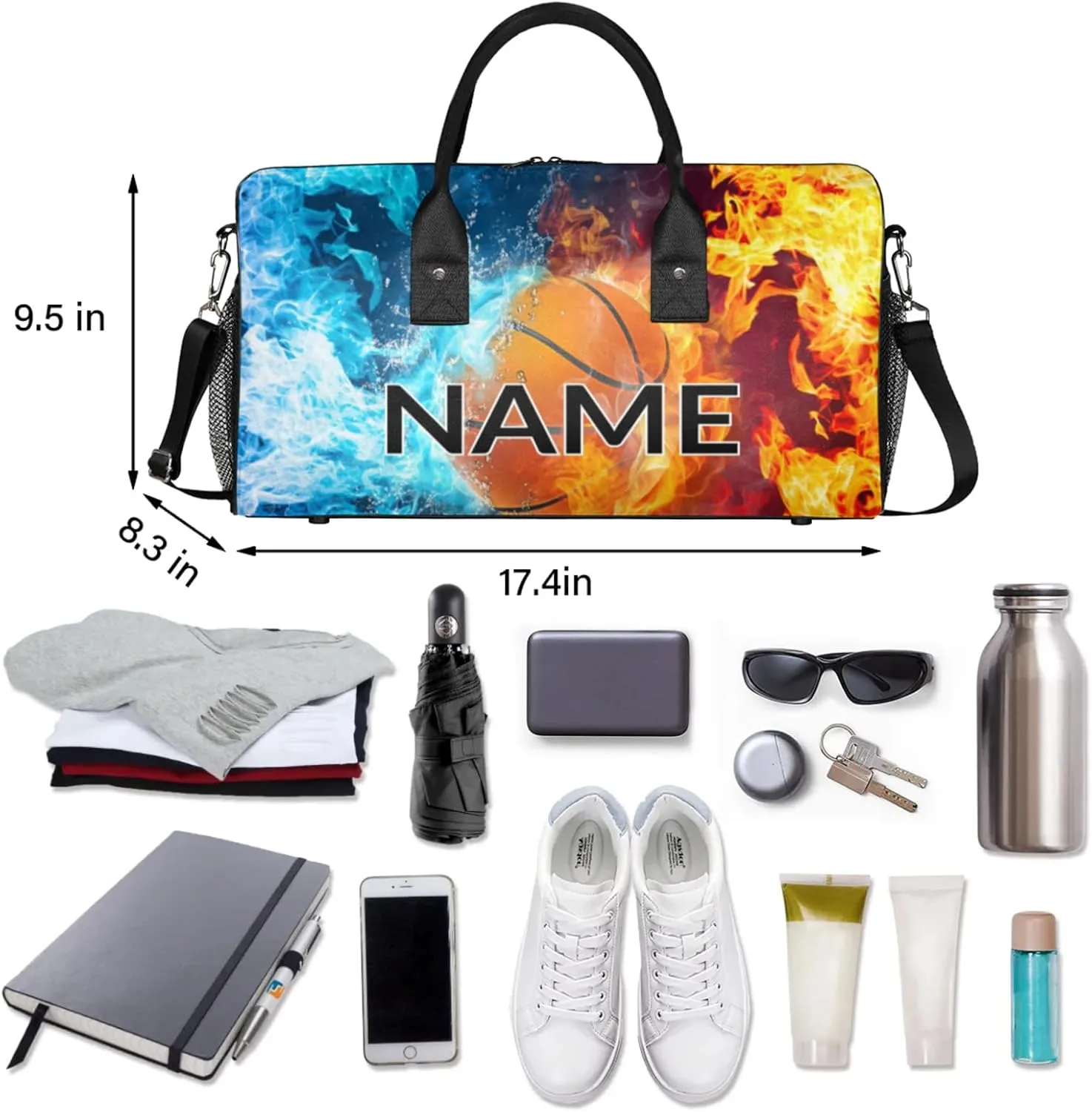 Personalized Basketball Ball Travel Duffel Bag with Name, Custom Gym Sport Bag Ball Sports Carry On Weekend Overnight Duffel Bag for Men Women
