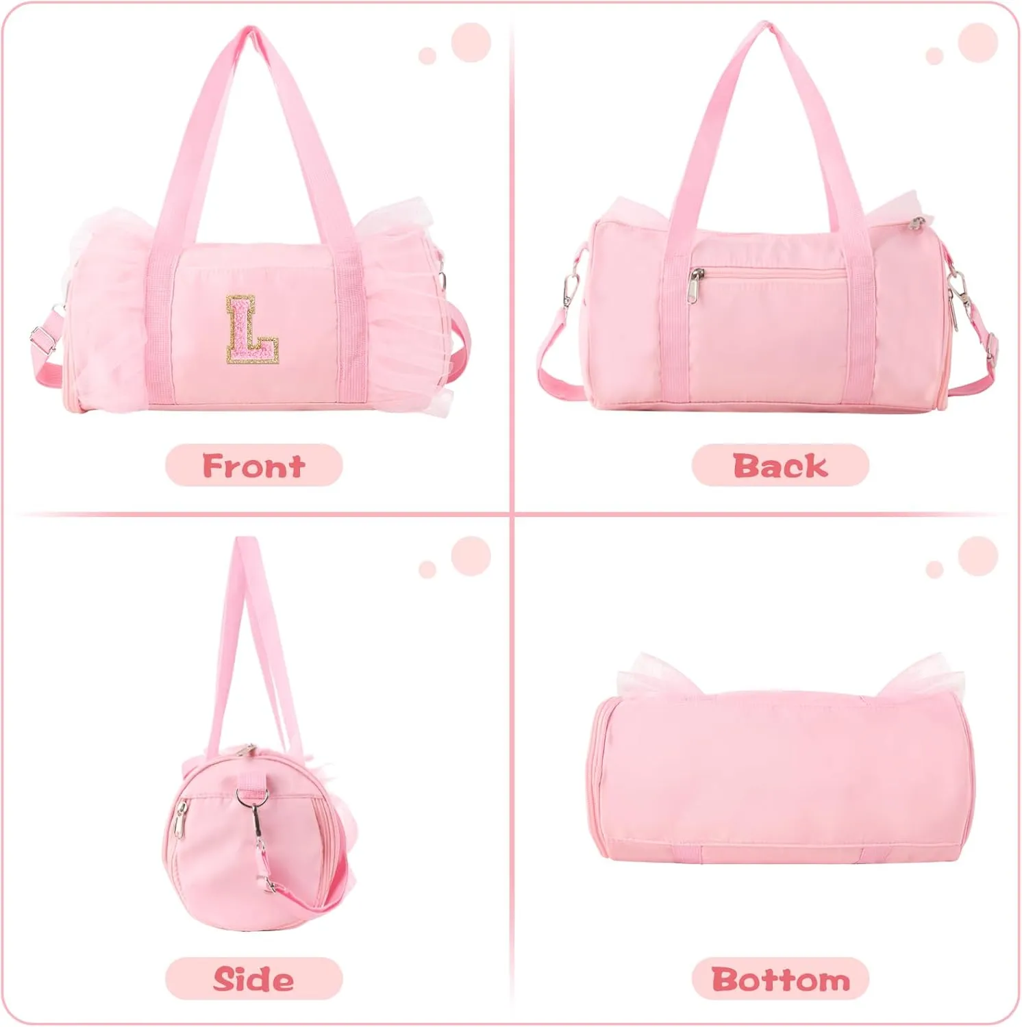 Personalized Initial Dance Bag for Girls, Small Lace Gym Sport Yoga Dance Bags Gift for Teen Girls Women, Cute Letter Kids Ballet Bag Zipper Toddler Travel Duffle Tote with Adjustable Straps(Pink-L)