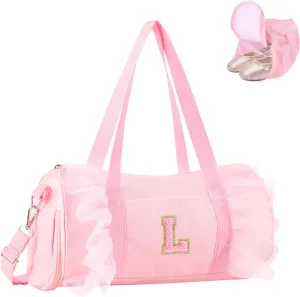 Personalized Initial Dance Bag for Girls, Small Lace Gym Sport Yoga Dance Bags Gift for Teen Girls Women, Cute Letter Kids Ballet Bag Zipper Toddler Travel Duffle Tote with Adjustable Straps(Pink-L)