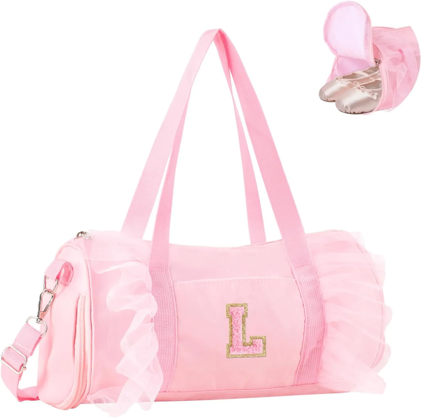 Personalized Initial Dance Bag for Girls, Small Lace Gym Sport Yoga Dance Bags Gift for Teen Girls Women, Cute Letter Kids Ballet Bag Zipper Toddler Travel Duffle Tote with Adjustable Straps(Pink-L)