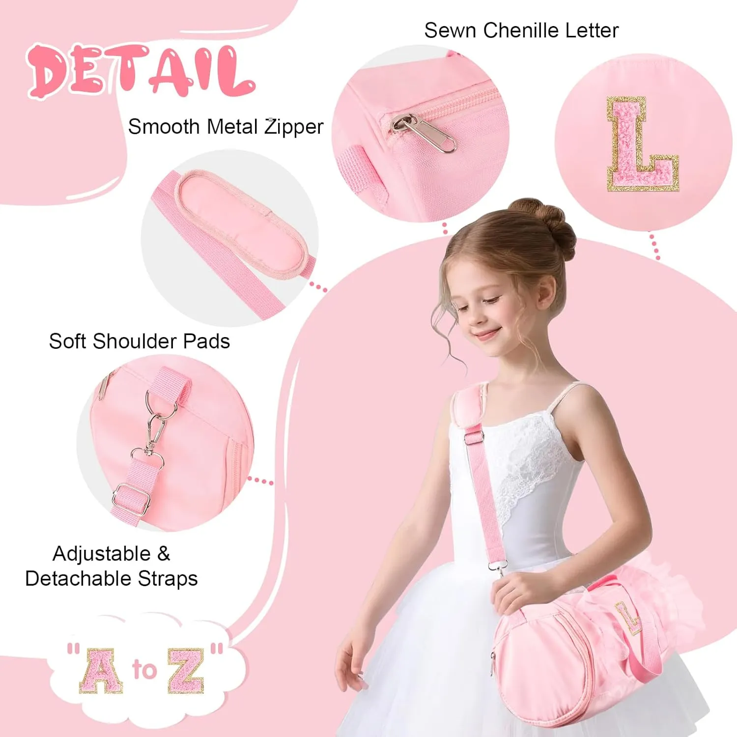 Personalized Initial Dance Bag for Girls, Small Lace Gym Sport Yoga Dance Bags Gift for Teen Girls Women, Cute Letter Kids Ballet Bag Zipper Toddler Travel Duffle Tote with Adjustable Straps(Pink-L)