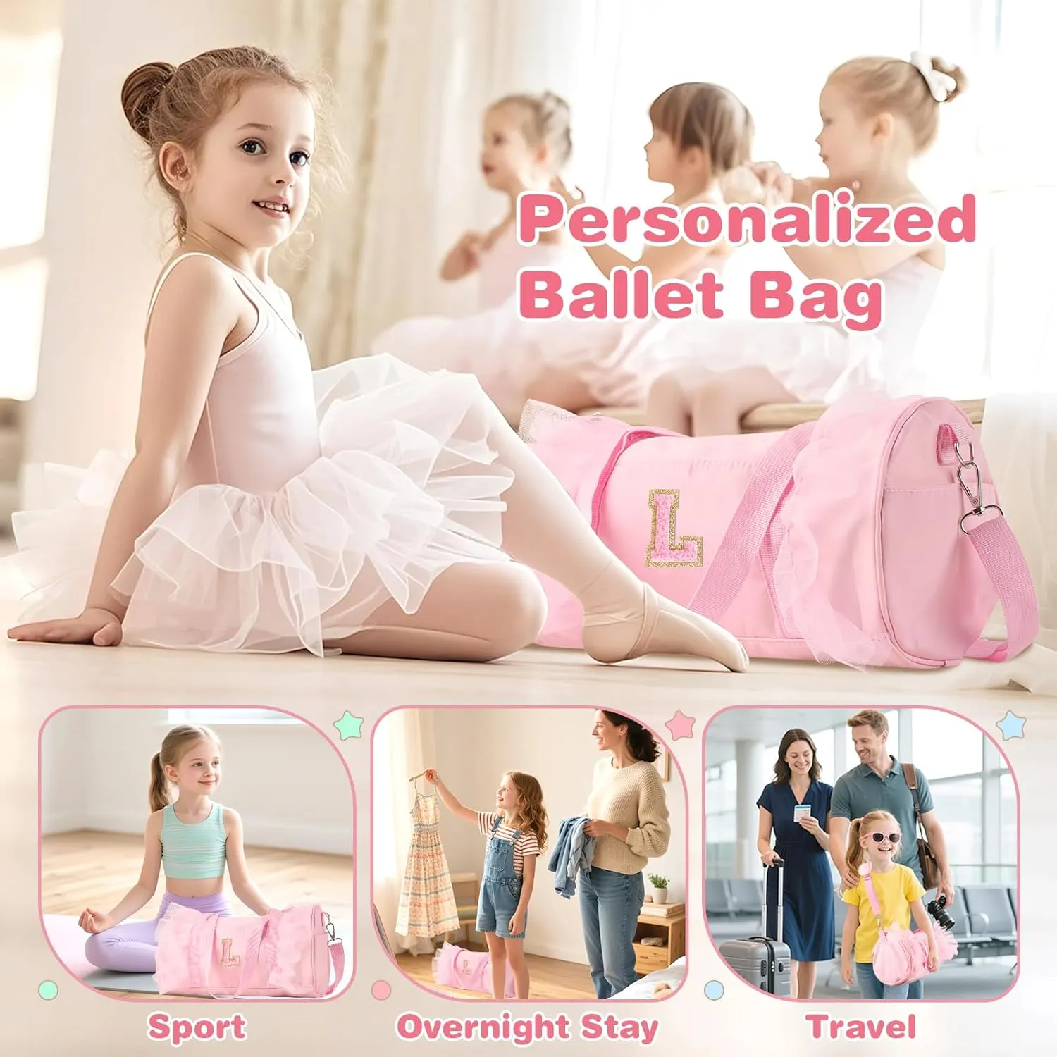 Personalized Initial Dance Bag for Girls, Small Lace Gym Sport Yoga Dance Bags Gift for Teen Girls Women, Cute Letter Kids Ballet Bag Zipper Toddler Travel Duffle Tote with Adjustable Straps(Pink-L)