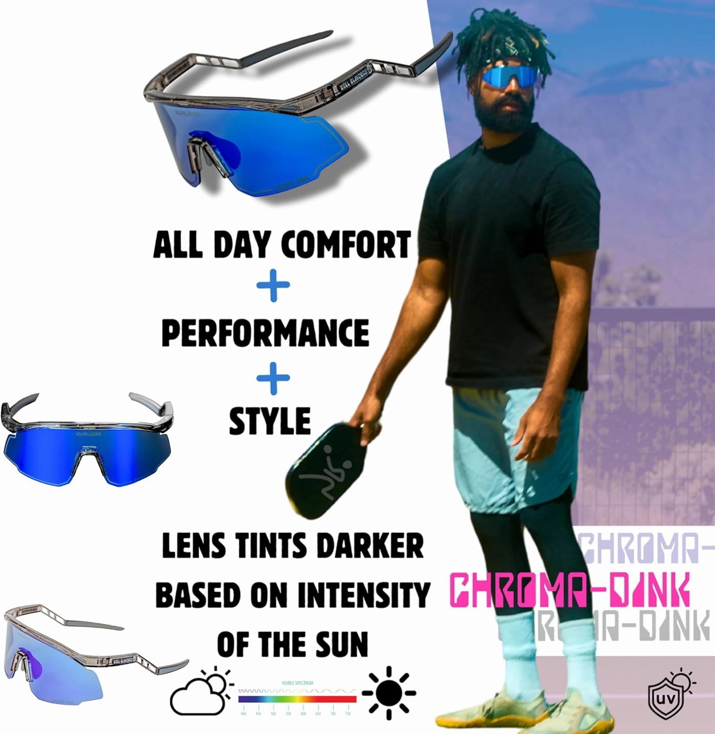 Pickleball Glasses -Photochromic Eye Protection Sunglasses for Men Women, UV safe, Shatterproof, Adjustable