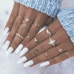 Pinapes Fashion Non Precious Base Metal Boho Midi Finger Ring for Girls (Set of 13)