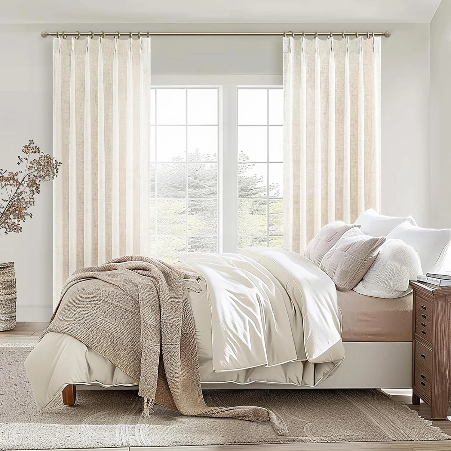 Pinch Pleat Thick Linen Viral Curtains 84 Inch Length 2 Panels Set for Living Room,Cream Beige Neutral Pleated Semi Sheer Curtain Light Filtering Privacy Let Light in Bedroom Window Drapes 40" Wx84 L