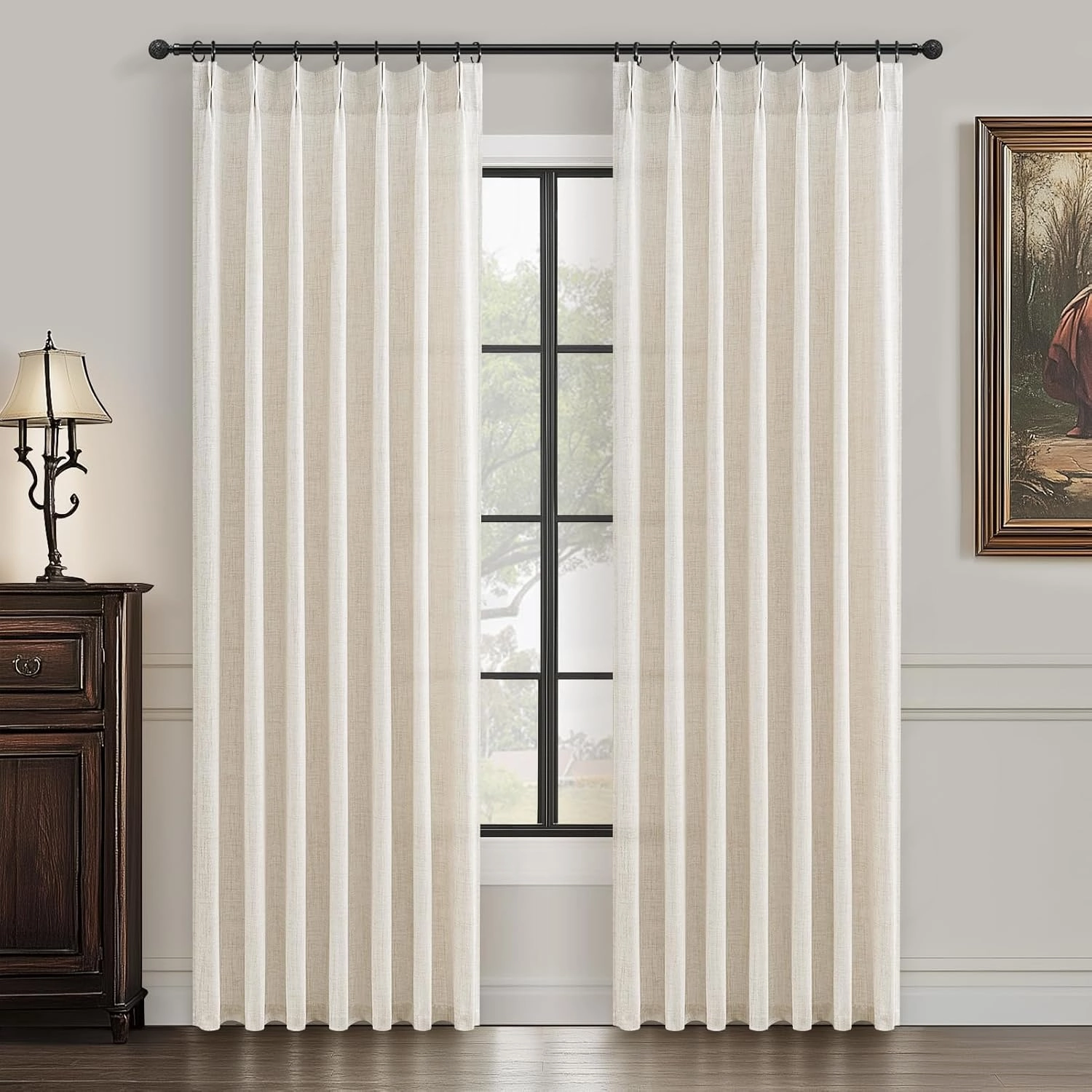 Pinch Pleat Thick Linen Viral Curtains 84 Inch Length 2 Panels Set for Living Room,Cream Beige Neutral Pleated Semi Sheer Curtain Light Filtering Privacy Let Light in Bedroom Window Drapes 40" Wx84 L