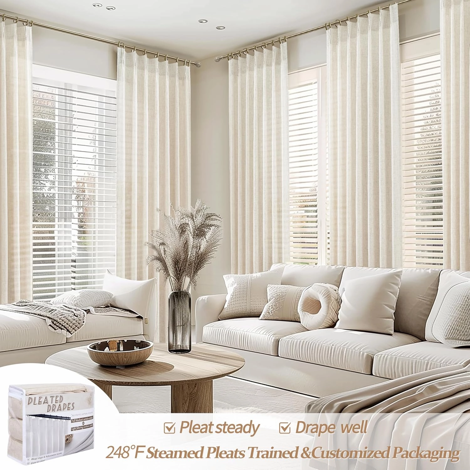 Pinch Pleat Thick Linen Viral Curtains 84 Inch Length 2 Panels Set for Living Room,Cream Beige Neutral Pleated Semi Sheer Curtain Light Filtering Privacy Let Light in Bedroom Window Drapes 40" Wx84 L