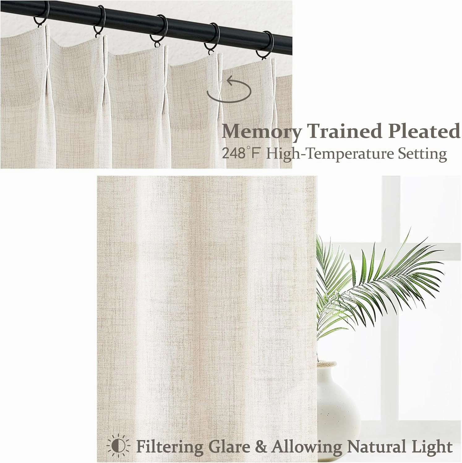 Pinch Pleat Thick Linen Viral Curtains 84 Inch Length 2 Panels Set for Living Room,Cream Beige Neutral Pleated Semi Sheer Curtain Light Filtering Privacy Let Light in Bedroom Window Drapes 40" Wx84 L