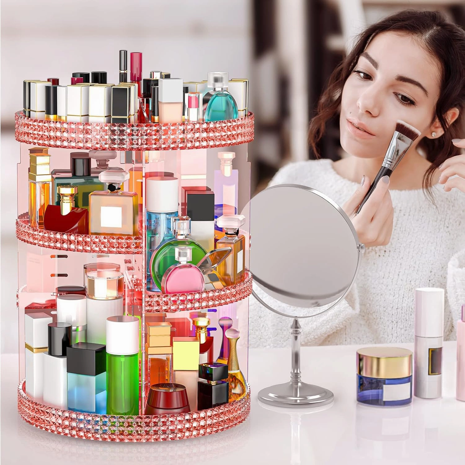 Pink 360 Makeup Organizer Carousel, Organizador De Perfumes, Acrylic Make Up Organizer, Large 7 Layers 360 Makeup Organizer, Fits Makeup Brushes, Lipsticks, Bathroom, Vanity, Plus Size Pink