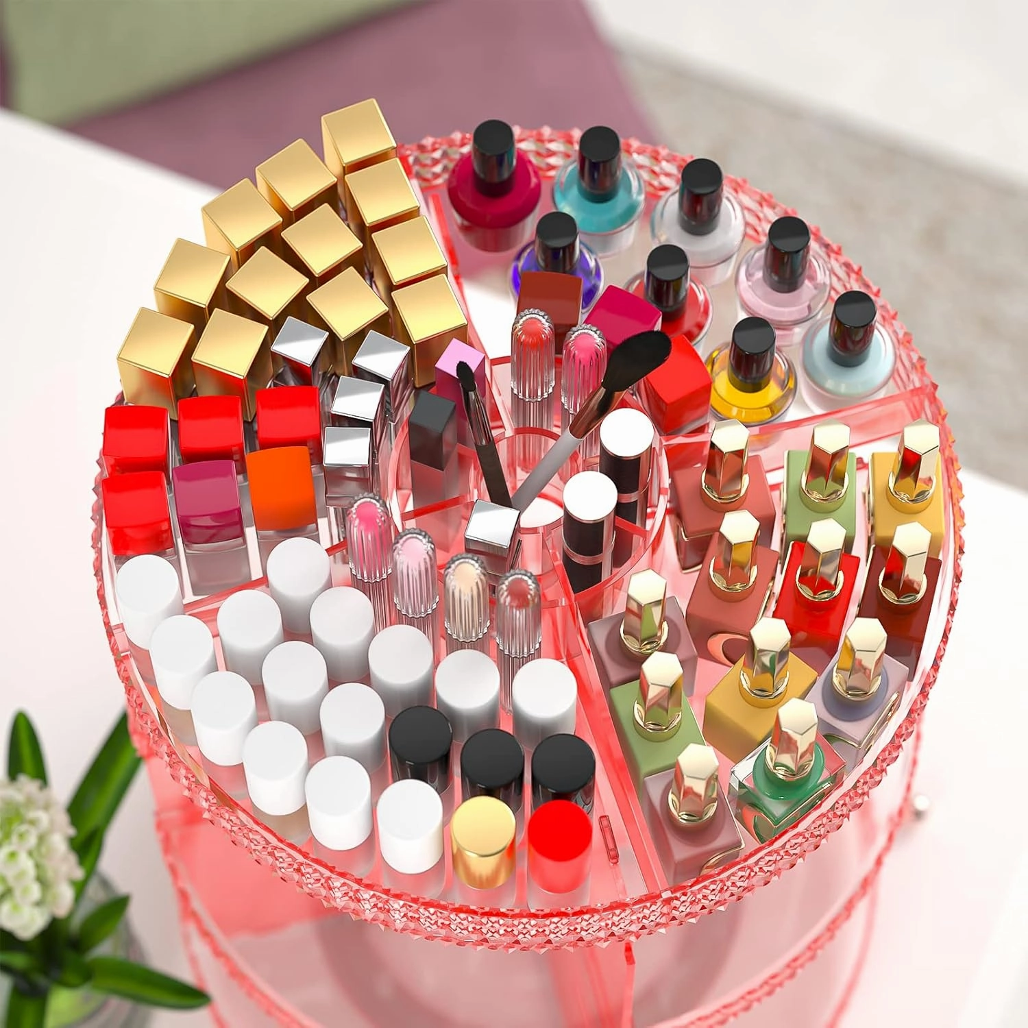 Pink 360 Makeup Organizer Carousel, Organizador De Perfumes, Acrylic Make Up Organizer, Large 7 Layers 360 Makeup Organizer, Fits Makeup Brushes, Lipsticks, Bathroom, Vanity, Plus Size Pink