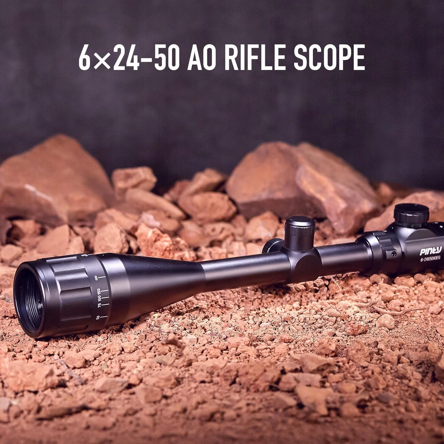 PINTY 6-24x50 Rifle Scope — AO Hunting Scope with Rangefinder Illuminated Optics Picatinny Mount Rings for Long Range Shooting Airsoft Sniper More — 1/8 MOA Gun Sight for Rifle or Crossbow