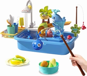 Play Sink with Running Water, Pretend Play Water Table Toy&Pool Floating Fishing Game, Kids Role Play Dishwasher Toy (Blue)