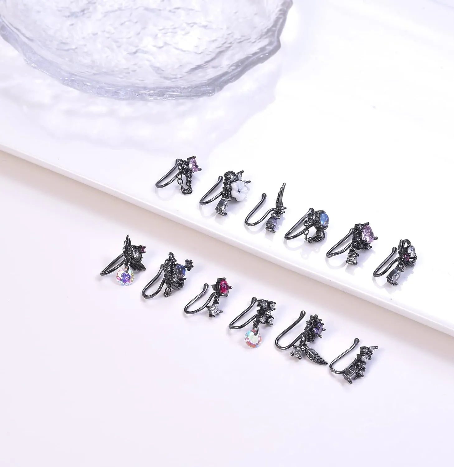 PLOMFOV 12Pcs Fake Nose Ring for Women Dangling Nose Cuffs Faux Clip on Nose Ring for Non Pierced Nose