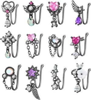PLOMFOV 12Pcs Fake Nose Ring for Women Dangling Nose Cuffs Faux Clip on Nose Ring for Non Pierced Nose