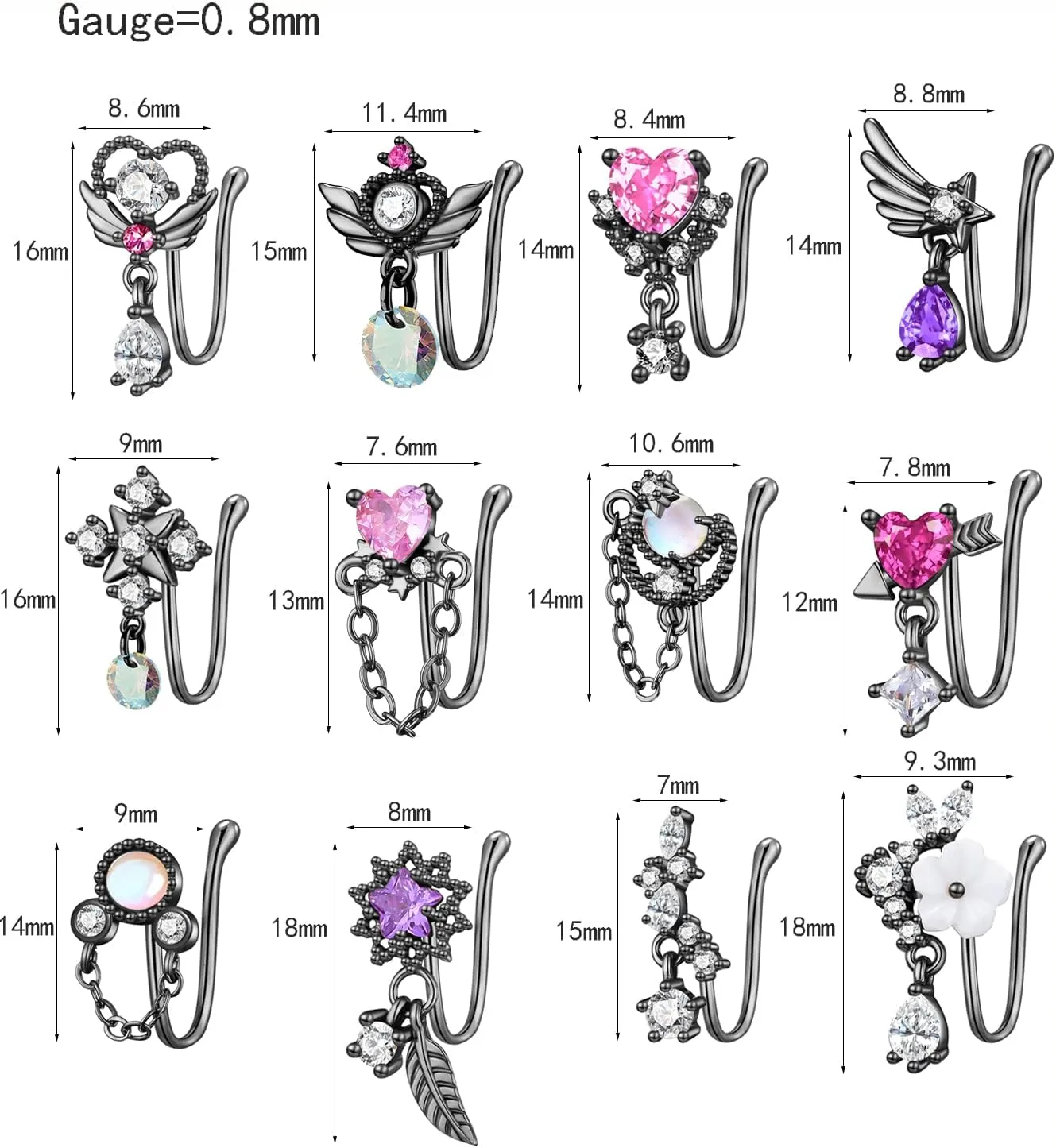 PLOMFOV 12Pcs Fake Nose Ring for Women Dangling Nose Cuffs Faux Clip on Nose Ring for Non Pierced Nose