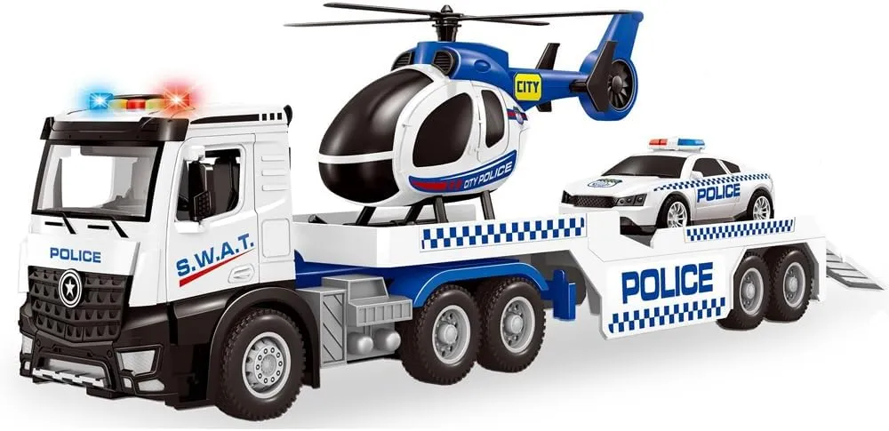 Police Truck Toys for Toddler Boy 3 4 5 6 Year Old, 22.5" Semi Truck Toy with Racing Car and Helicopter, Openable Doors, Realistic Sounds and Lights, Birthday Gifts for Kids Child