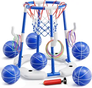 Pool Basketball Hoop, Floating Game with 6 Balls & Pump, Kids Pool Toys for Outdoor Summer Fun, Adjustable Height for Ages 4-8-12, Family Swimming Pool Accessory（Blue）