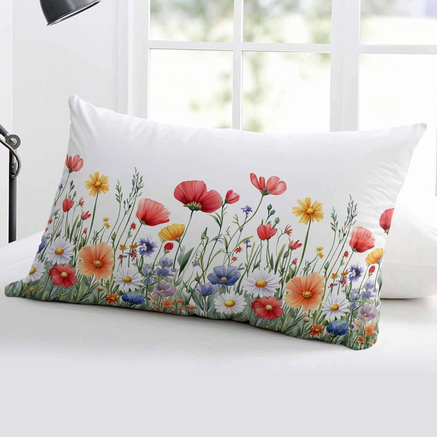 Popy Daisy Flower Pillowcase 1 Pack 16x24 Inch Wildflower Spring Summer Plant Pillow Case Soft Brushed Cloth Zipper Bed Pillow Shams for Bedroom Sofa Car