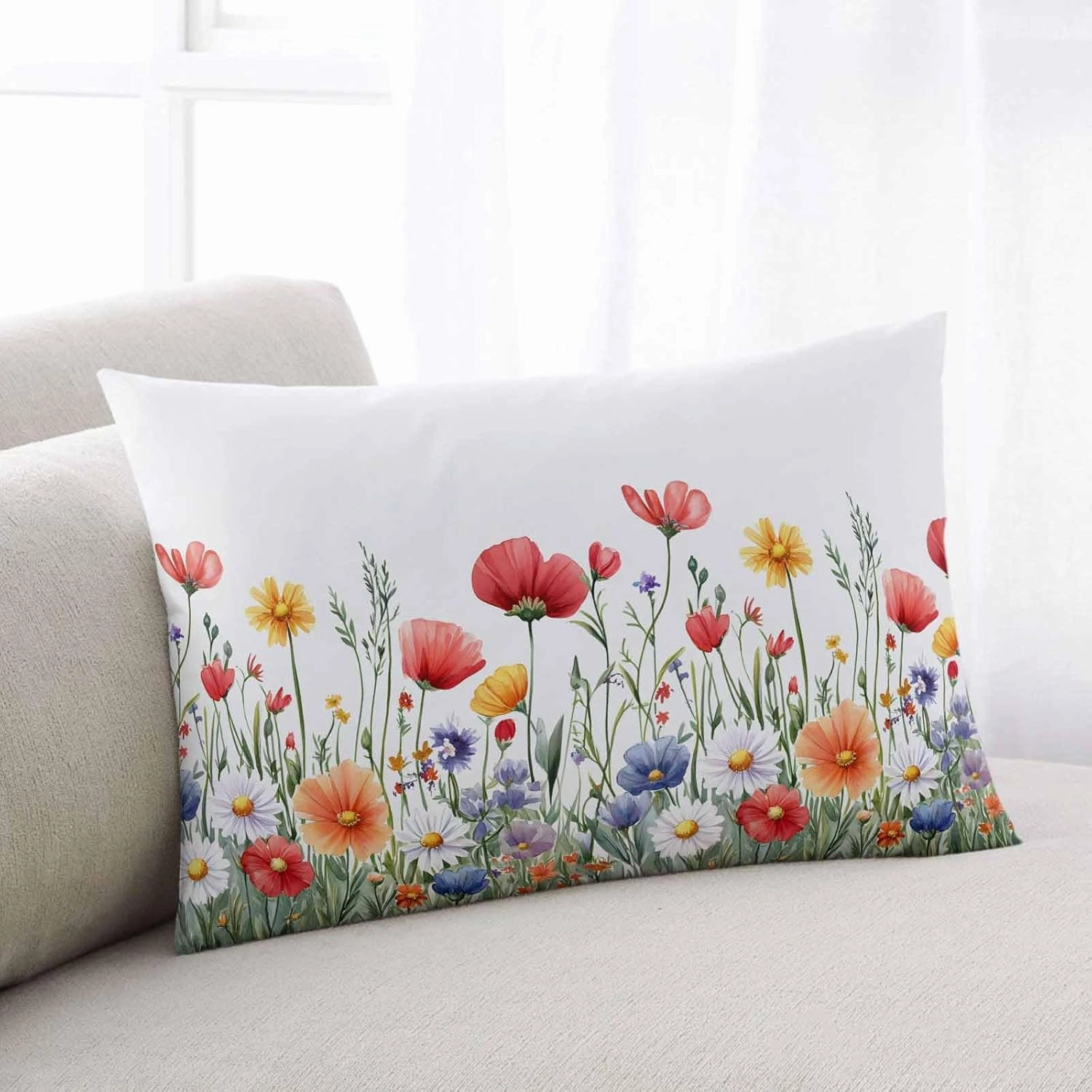 Popy Daisy Flower Pillowcase 1 Pack 16x24 Inch Wildflower Spring Summer Plant Pillow Case Soft Brushed Cloth Zipper Bed Pillow Shams for Bedroom Sofa Car