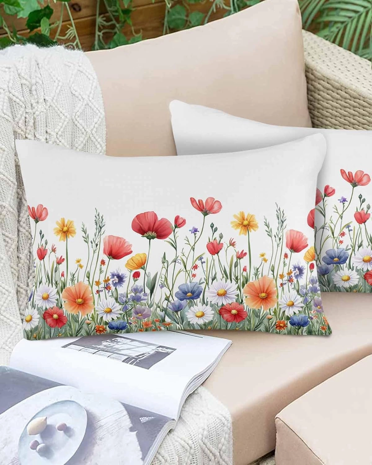 Popy Daisy Flower Pillowcase 1 Pack 16x24 Inch Wildflower Spring Summer Plant Pillow Case Soft Brushed Cloth Zipper Bed Pillow Shams for Bedroom Sofa Car