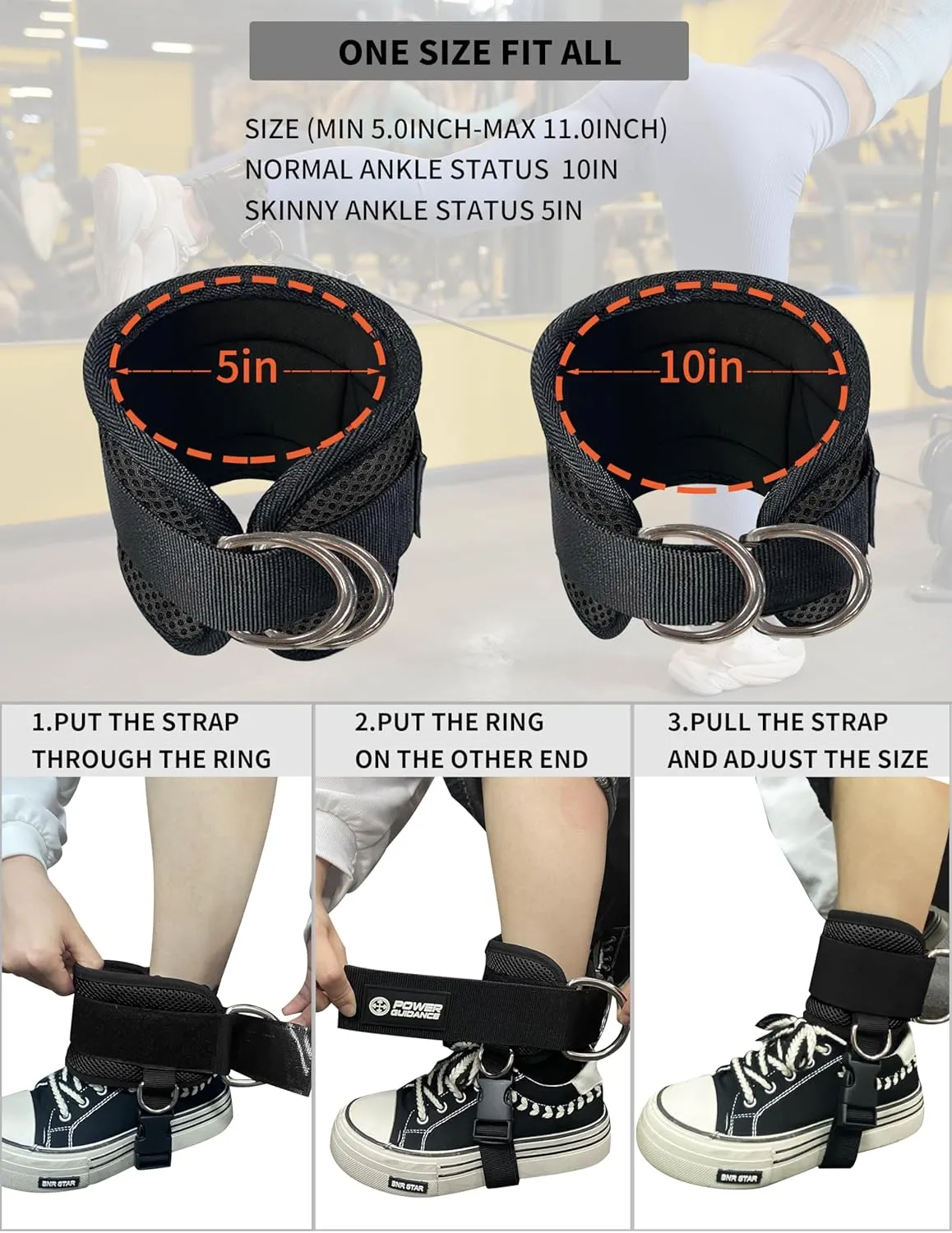 POWER GUIDANCE Ankle Strap for Cable Machine Professional Kickback Ankle Strap for Glute Workouts, Leg Extensions - Adjustable Strap with D-Rings