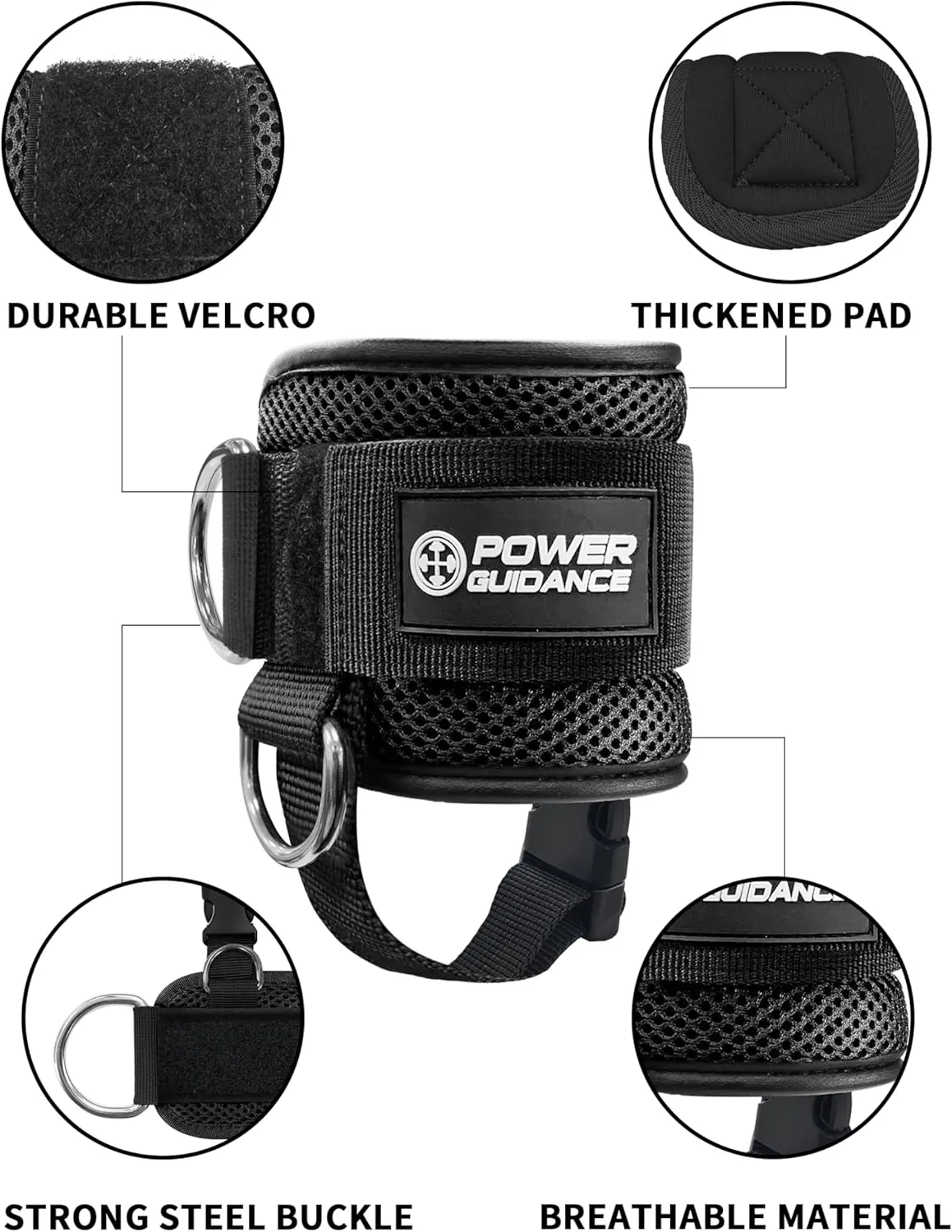 POWER GUIDANCE Ankle Strap for Cable Machine Professional Kickback Ankle Strap for Glute Workouts, Leg Extensions - Adjustable Strap with D-Rings