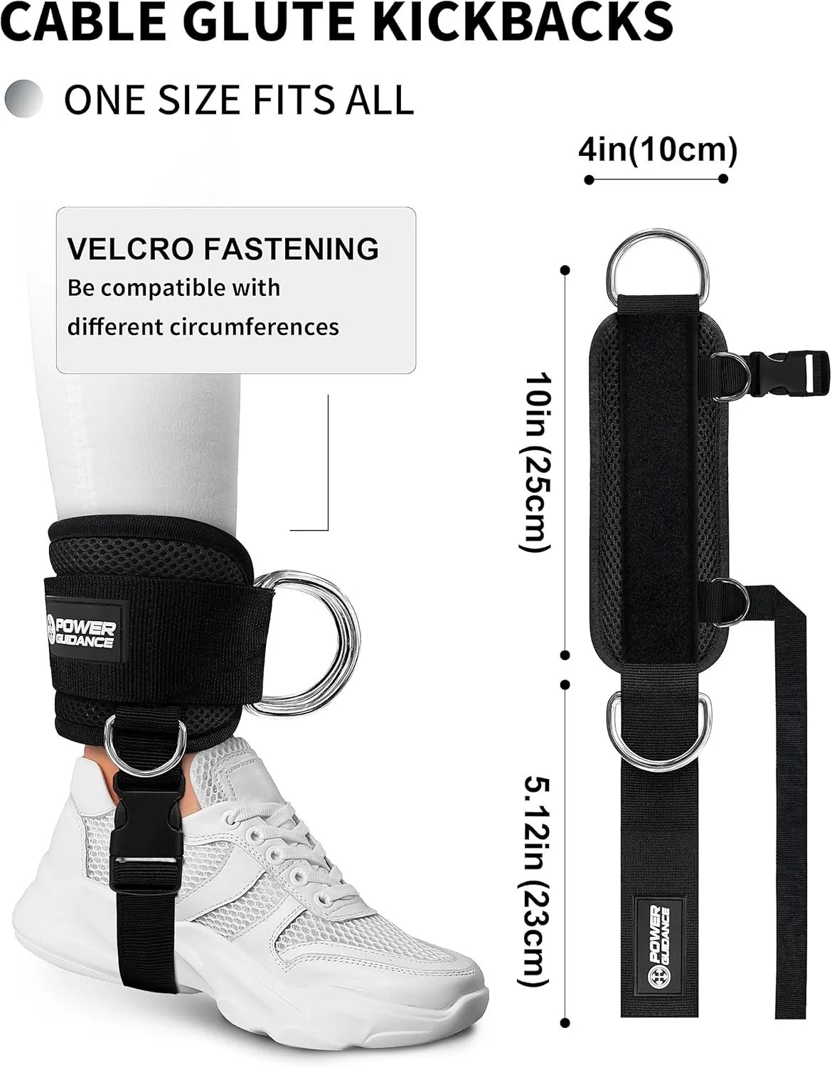 POWER GUIDANCE Ankle Strap for Cable Machine Professional Kickback Ankle Strap for Glute Workouts, Leg Extensions - Adjustable Strap with D-Rings