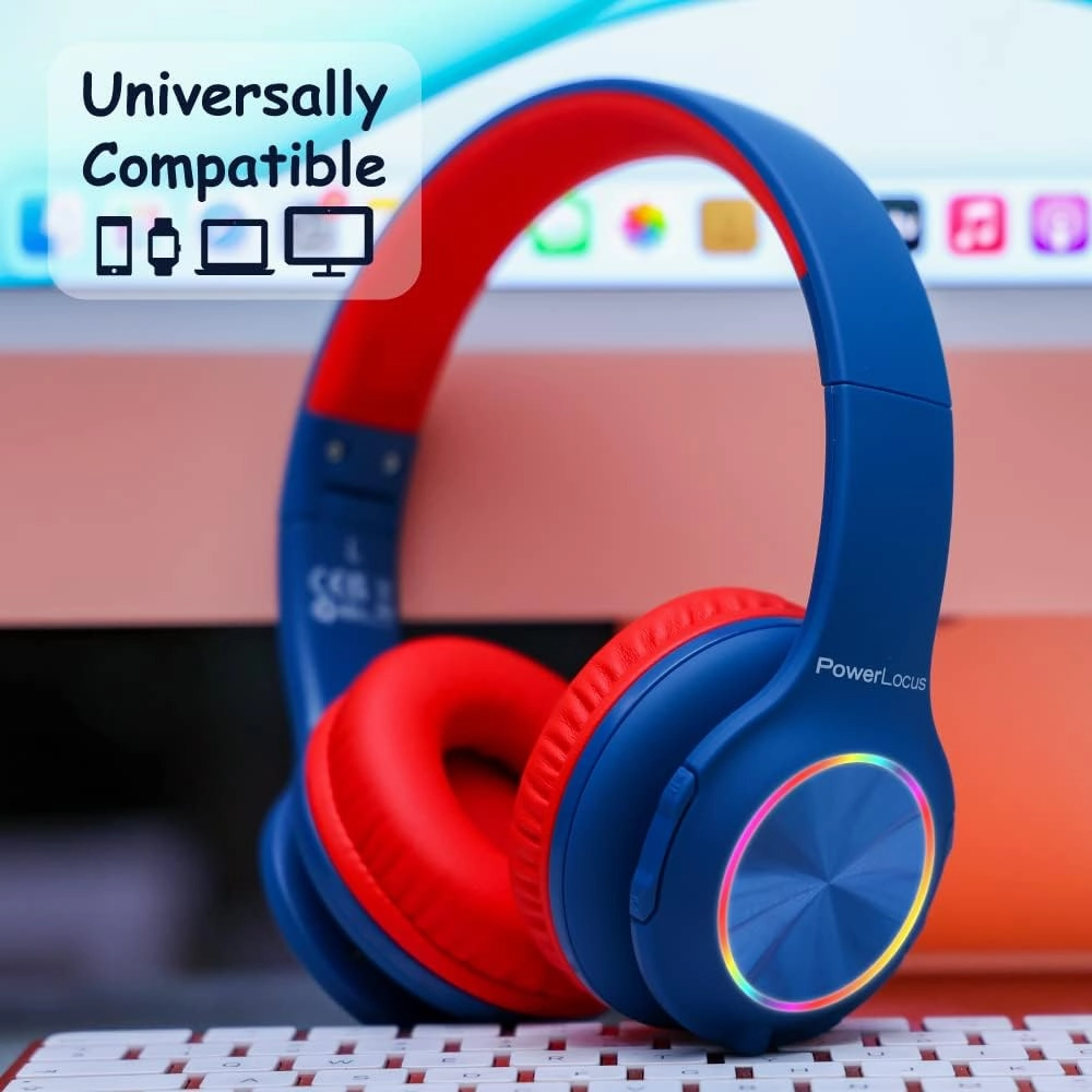 PowerLocus PLED Kids Bluetooth Headphones, Kids Wireless Headphones with LED Lights, 74/85/94dB Safe Volume, Micro SD, AUX Cable, Hi-Fi Stereo, Built-in Mic Over Ear Kid Headphone for Travel/Tablet/PC