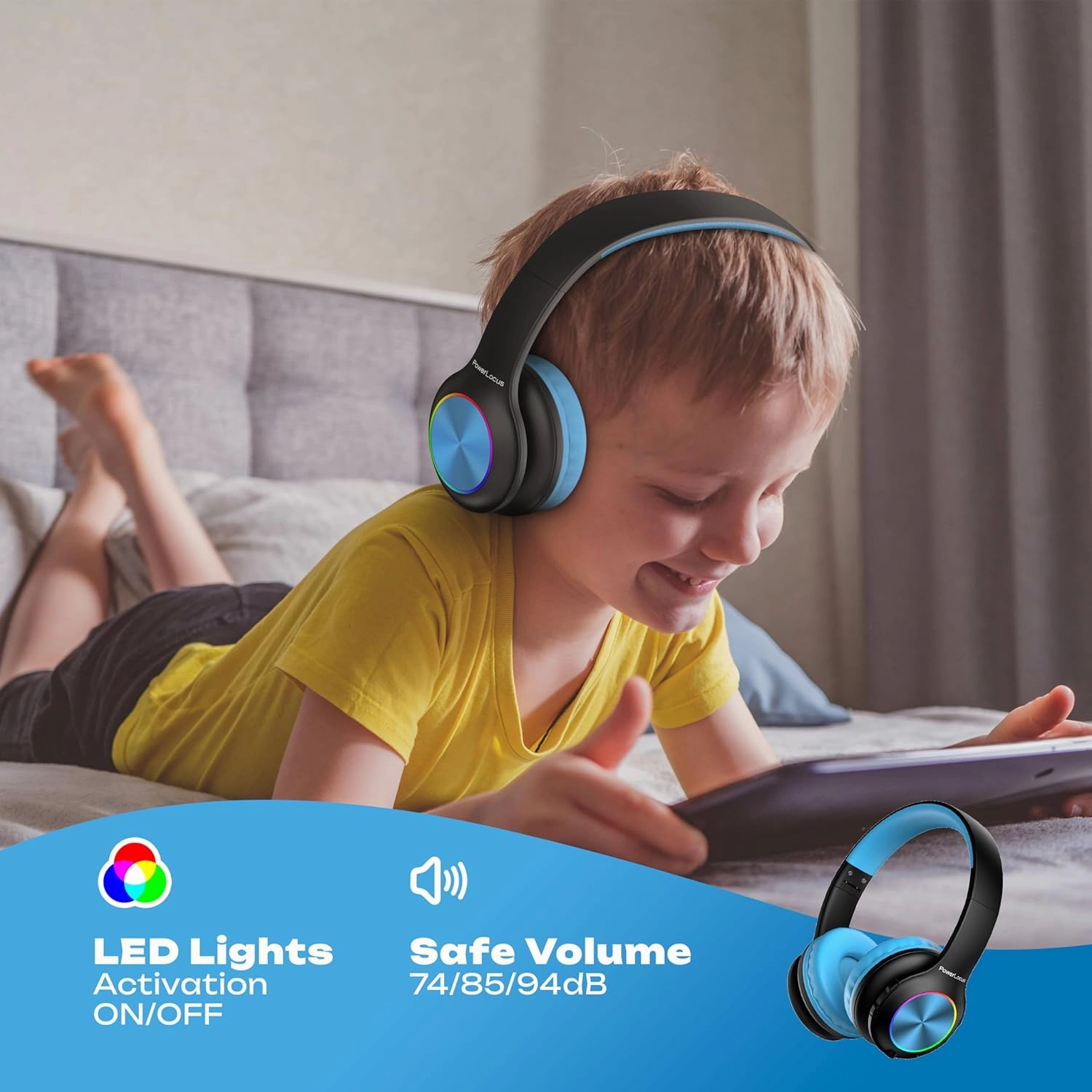 PowerLocus PLED Kids Bluetooth Headphones, Kids Wireless Headphones with LED Lights, 74/85/94dB Safe Volume, Micro SD, AUX Cable, Hi-Fi Stereo, Built-in Mic Over Ear Kid Headphone for Travel/Tablet/PC